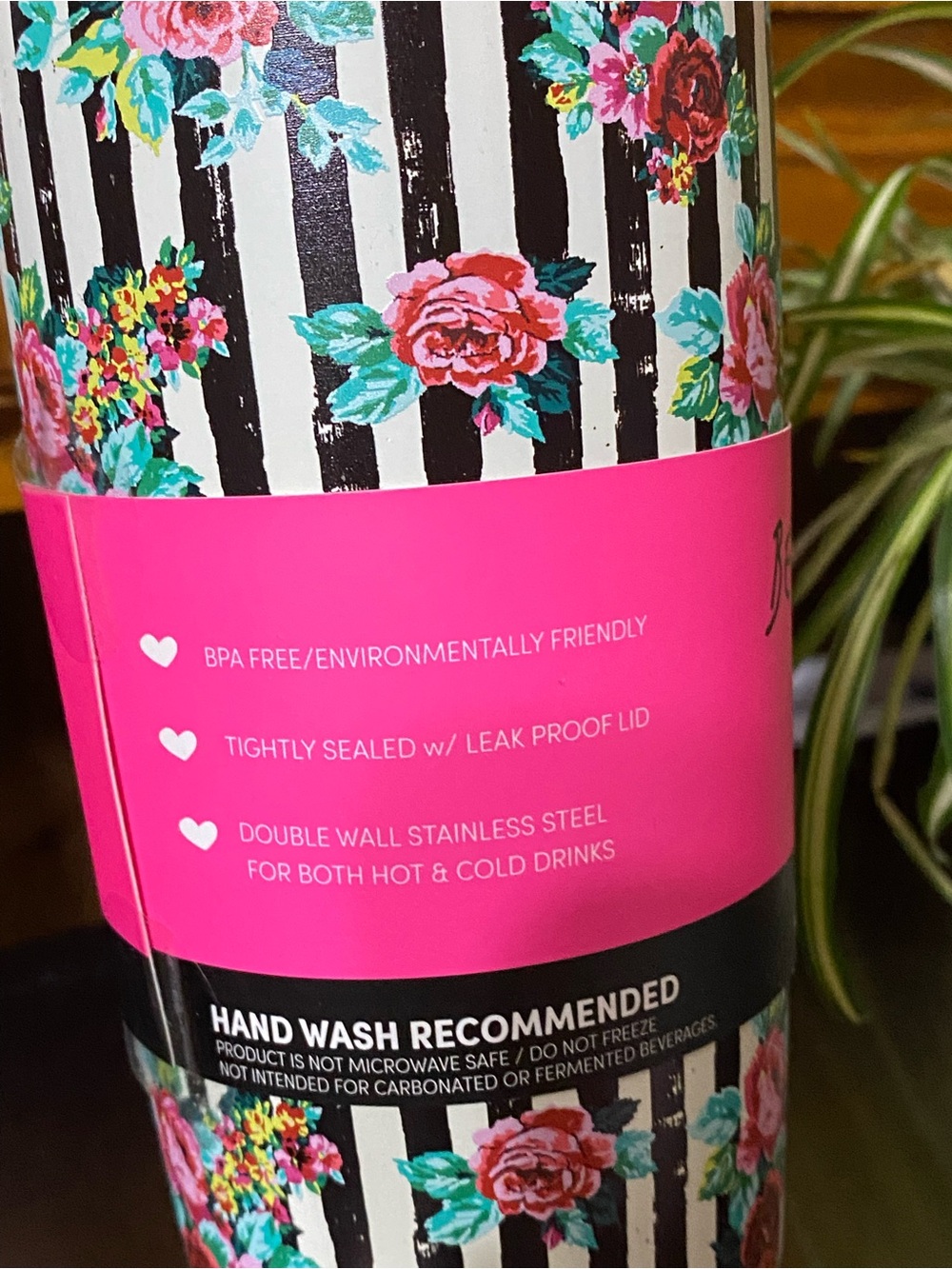 Betsey Johnson Black & White Striped Floral Tumbler with Hot Pink Logo - Picture 6 of 10